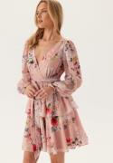 Goddiva Floral Long Sleeve Tiered Skater Dress Peach Floral S (UK10)