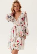 Goddiva Floral Long Sleeve Tiered Skater Dress White Floral L (UK14)