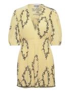 Pleated Georgette V-Neck Smock Mini Dress Yellow Ganni