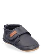 Leather Slippers With Velcro Navy Melton