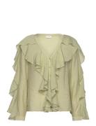 Vinabia V-Neck L/S Flounce Top Green Vila