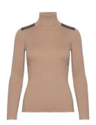 Faux Leather-Trim Rib-Knit Roll Neck Beige Lauren Ralph Lauren