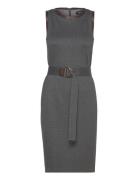 Faux-Leather-Trim Belted Jacquard Dress Grey Lauren Ralph Lauren