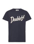 Ola Kids Script & Badge T-Shirt Navy Double A By Wood Wood