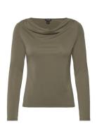 Long Sleeved Ruched Boat Neck Top Khaki Monki