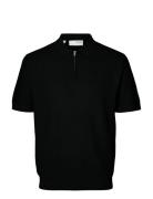 Slhcran Ss Knit Structure Half Zip Polo Black Selected Homme