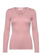 Rwbabette Silk Ls U-Neck Lace T-Shi Pink Rosemunde