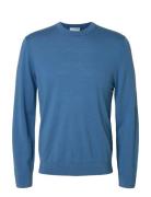 Slhtray Ls Knit Merino Crew Neck Noos Blue Selected