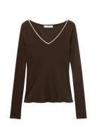 V-Neck Combined-Fabric T-Shirt Brown Mango