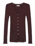 Rwbabette Silk Ls V-Neck Lace Cardi Brown Rosemunde