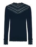 Rwbenita Silk Ls Lace T-Neck T-Shi Blue Rosemunde