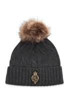 Crest-Patch Pom-Pom Cable-Knit Beanie Grey Lauren Ralph Lauren