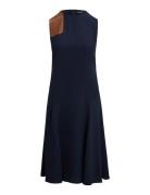 Faux-Leather-Trim Georgette Dress Navy Lauren Ralph Lauren