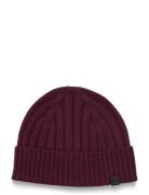 Leather-Trim Rib-Knit Beanie Burgundy Lauren Ralph Lauren