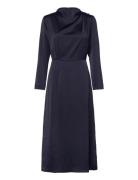 Satin High Collar Midi Dress Navy Bubbleroom
