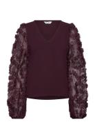 3D Floral Sleeve V-Neck Top Burgundy Bubbleroom