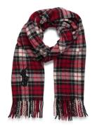 Beaded Big Pony Plaid Wool Scarf Red Polo Ralph Lauren