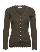 Rwbabette Silk Ls V-Neck Lace Cardi Khaki Rosemunde