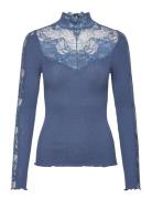 Rwbeatha Silk Ls Lace T-Neck T-Shir Blue Rosemunde