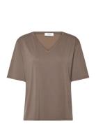 Rwelma Ss V-Neck T-Shirt Brown Rosemunde