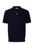 Slmcran Ss Knit Structure Zip Polo Noos Navy Selected