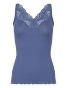 Rwbeatha Silk Sl Lace Top Blue Rosemunde