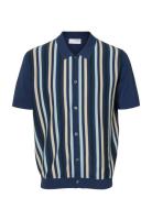 Slhmattis Ss Knit Stripe Polo Cardigan Blue Selected