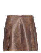 Leather Pleated Skirt Lyhyt Hame Brown REMAIN Birger Christensen
