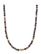 Beaded Necklace With Dumortierite, Brown Tiger Eye, And Gold Kaulakoru...