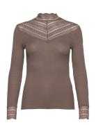 Silk T-Shirt W/ Lace Tops T-shirts & Tops Long-sleeved Brown Rosemunde