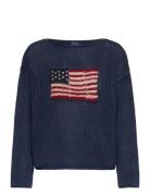 Flag Pointelle Cotton-Linen Sweater Tops Knitwear Jumpers Blue Polo Ra...