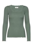 Silk T-Shirt W/ Lace Tops T-shirts & Tops Long-sleeved Khaki Green Ros...