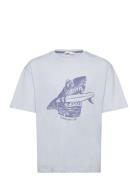 Printed Cotton-Blend T-Shirt Tops T-shirts Short-sleeved Blue Mango