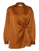 2Nd Darsha - Satin Waves Tops Blouses Long-sleeved Brown 2NDDAY