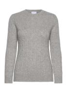 O-Neck Cable Sweater Tops Knitwear Jumpers Grey Davida Cashmere