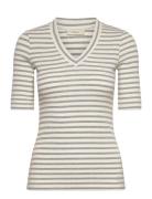 Dagnaiw Striped V-Neck Mix Ss Tops T-shirts & Tops Short-sleeved Grey ...