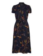 Print Belted Georgette Puff-Sleeve Dress Polvipituinen Mekko Navy Laur...