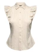 Ruffle-Trim Jersey Sleeveless Shirt Tops Blouses Sleeveless Cream Laur...