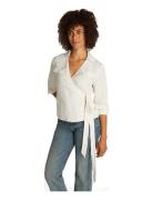 Textured Linen Wrap Blouse Tops Blouses Short-sleeved White Tommy Hilf...