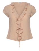 Frilled Tie-Front Top Tops Blouses Short-sleeved Beige Weekday