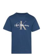 Ck Monogram Ss T-Shirt Tops T-shirts Short-sleeved Blue Calvin Klein