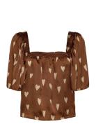 Heart Printed Silk Top Tops Blouses Short-sleeved Brown Stella Nova