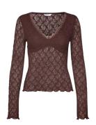 V-Neck Lace Top Tops T-shirts & Tops Long-sleeved Brown Bubbleroom