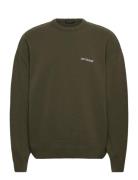 Logo Relaxed Knit Sweater Tops Knitwear Round Necks Khaki Green HAN Kj...